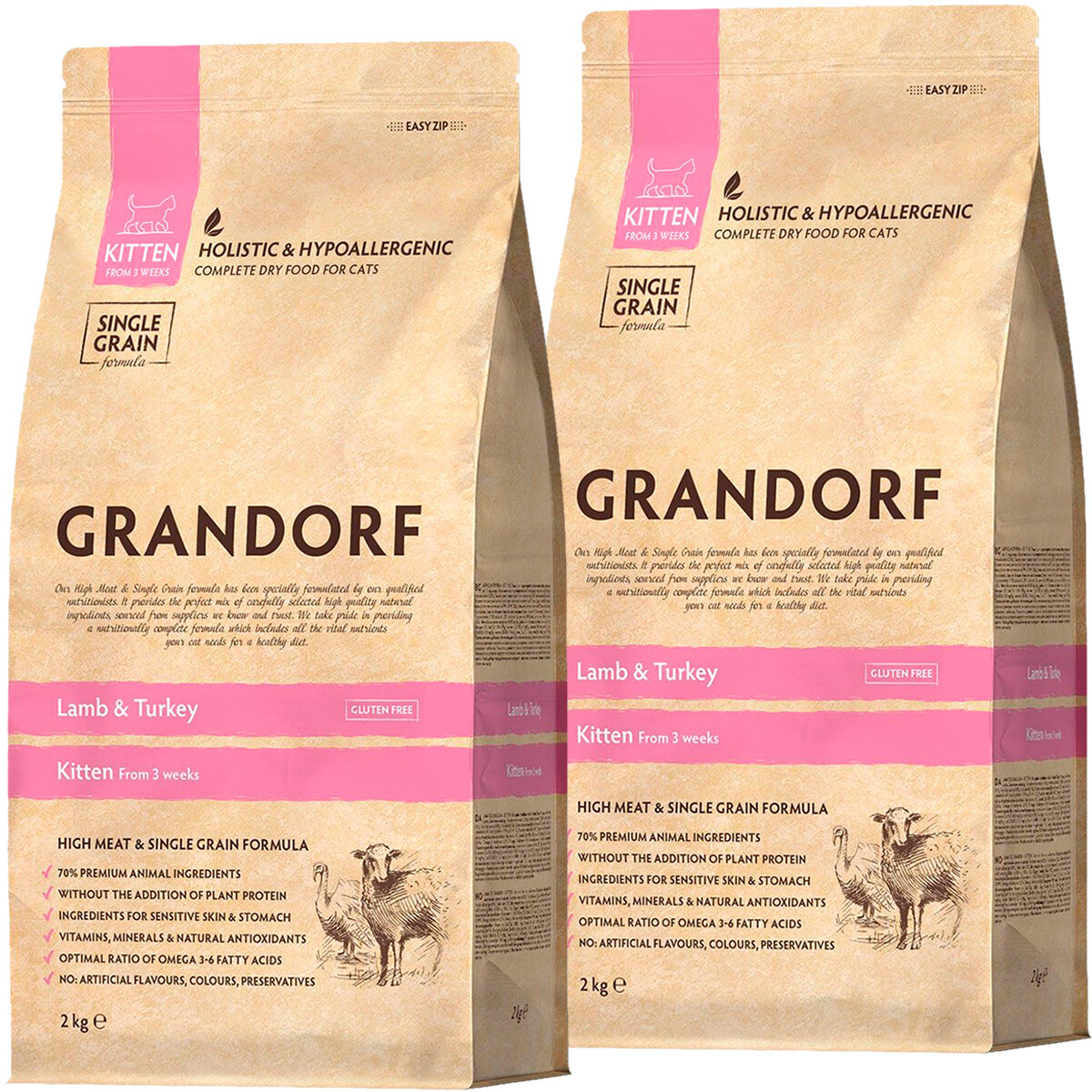 фото GRANDORF SINGLE GRAIN KITTEN LAMB & TURKEY низкозерновой для котят с ягненком и индейкой (2 + 2 кг)