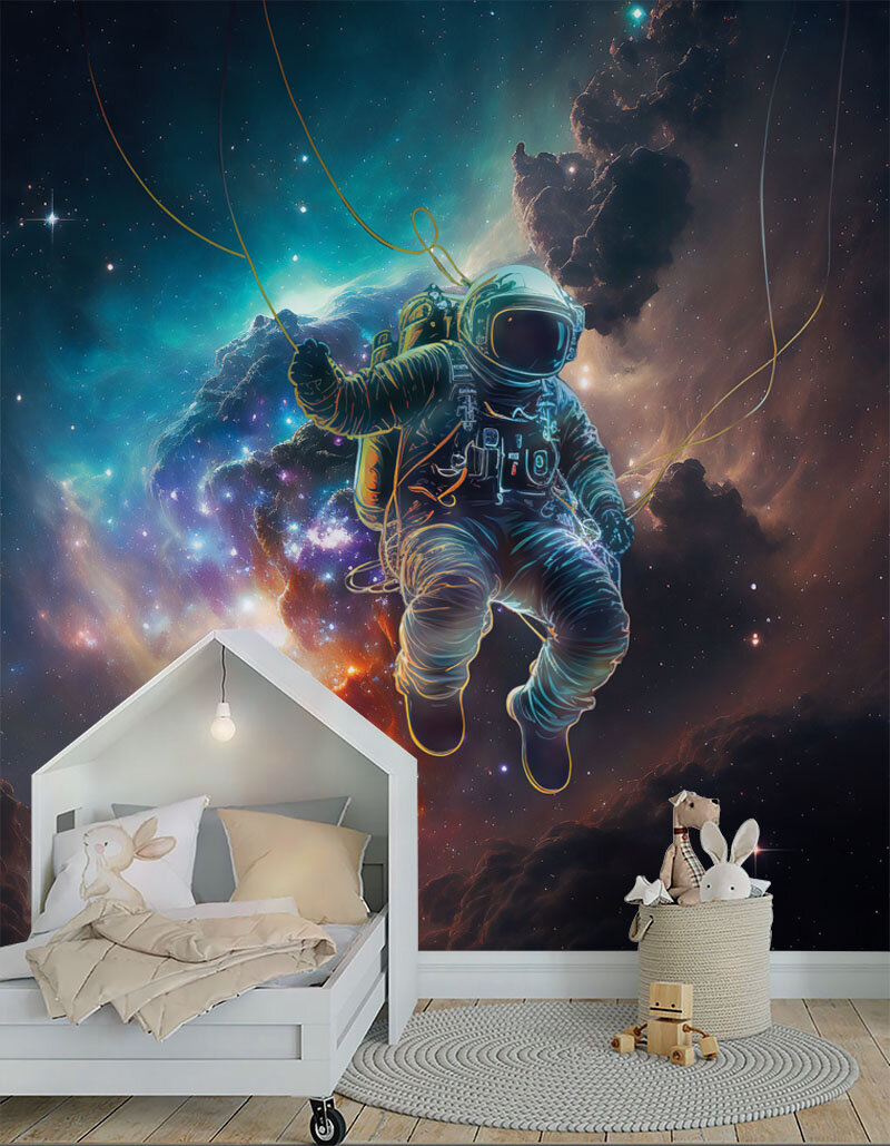 Фотообои флизелиновые Космонавт на фоне галактик и планет 26х28м в детскую