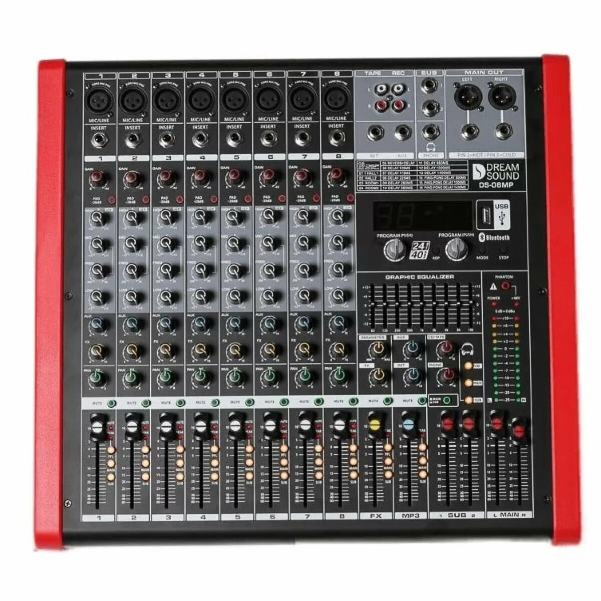 DreamSound DS-08MP микшерный пульт входы: 8 микрофонных/линейных инсерт и 3-x пол. эквалайзер по каждому каналу 16 эффектов DSP 24bit 9 пол. мастер эквалайзер BlueTooth USB MP3 плеер.