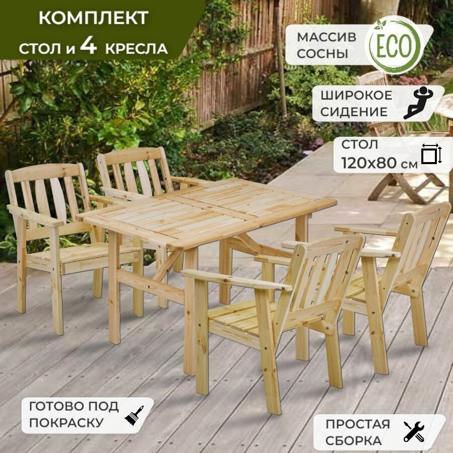 Набор садовой мебели (стол и 4 кресла), Комплект садовой мебели, натуральное дерево сосна, мебель для бани, для дачи, для сада - фотография № 1