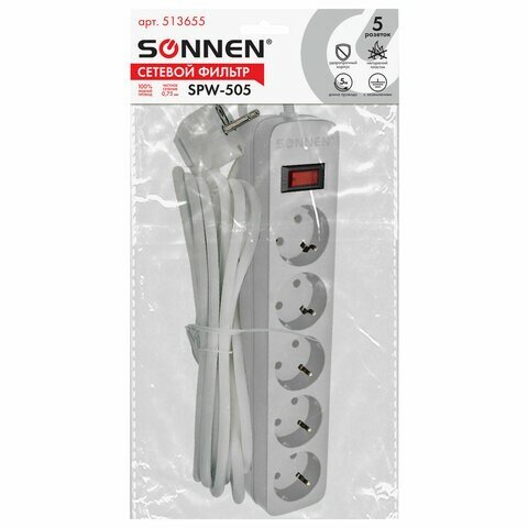 Сетевой фильтр SONNEN SPW-505, 5 розеток с заземлением, выключатель, 10 А, 5 м, белый, 513655 - фотография № 3