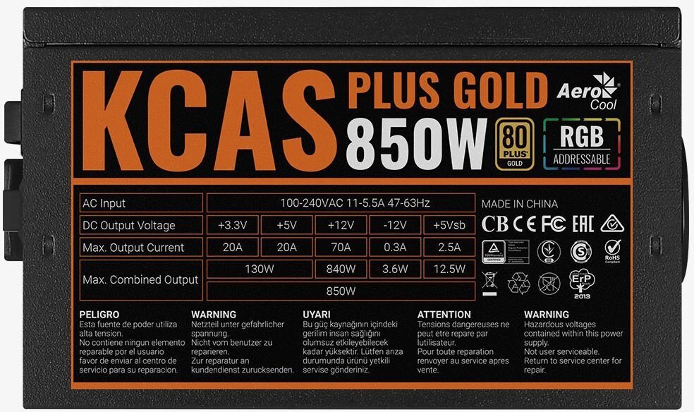 Блок питания AEROCOOL KCAS PLUS GOLD 850W ARGB, 850Вт, 120мм, черный, retail [acpg-kp85fec.11] - фото №10