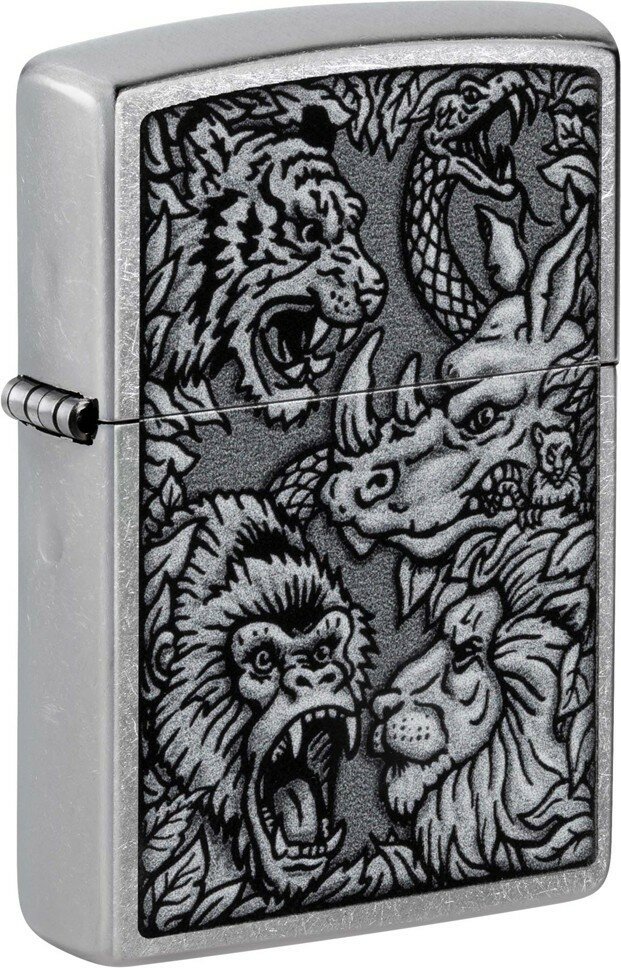 Зажигалка ZIPPO Jungle Design с покрытием Street Chrome, латунь/сталь, серебристая, 38x13x57 мм - фотография № 1