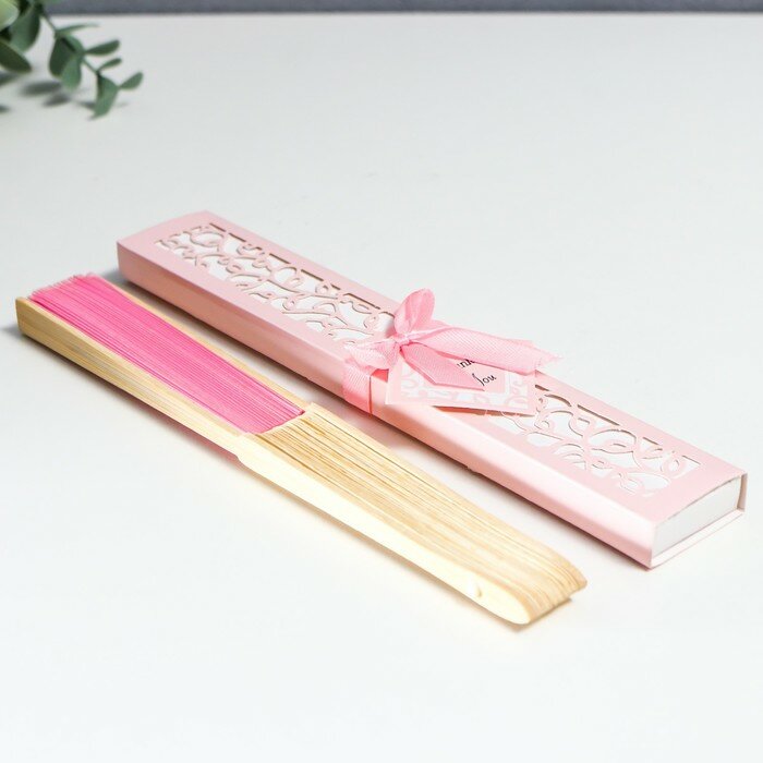 Веер бамбук, текстиль h=21 см "Моноцвет" в коробке, розовый - фотография № 8