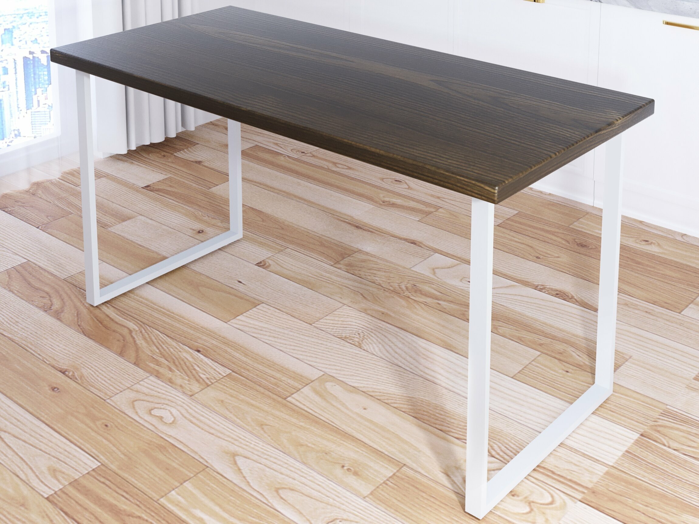 Стол кухонный Loft со столешницей цвета темного дуба из массива сосны 40 мм и белыми металлическими ножками, 130х70х75 см