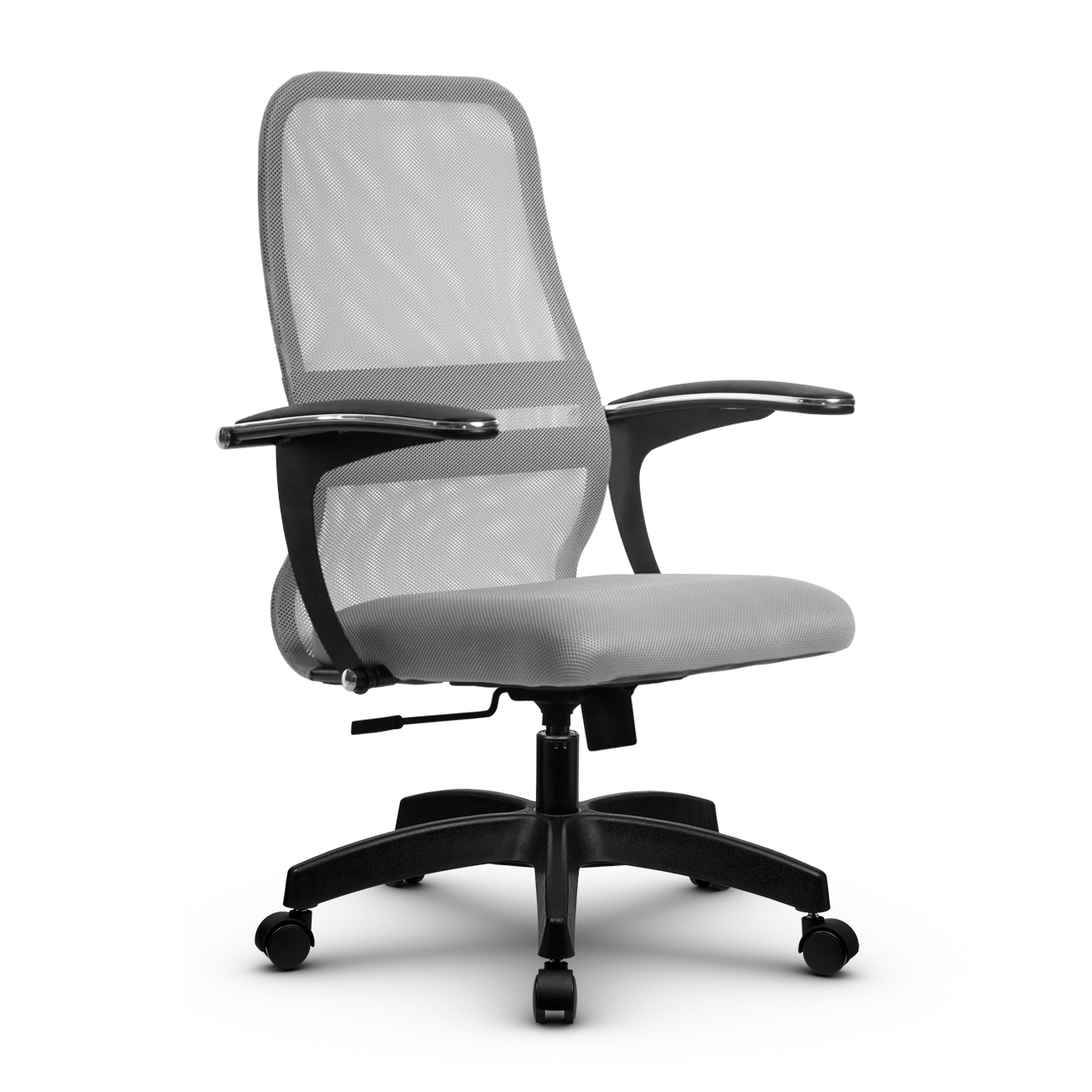 Кресло офисное метта SU-CM-8 пластиковое пятилучие, подлокотники Бумеранг, ткань-сетка, сиденье мягкое, цвет светло-серый