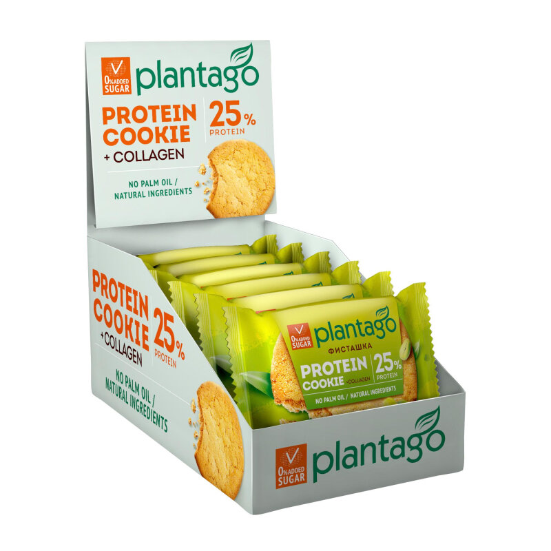 Печенье Plantago Protein Cookie Фист. с выс.сод.бел.25%, коллаг.,40гх9шт/уп - фотография № 1