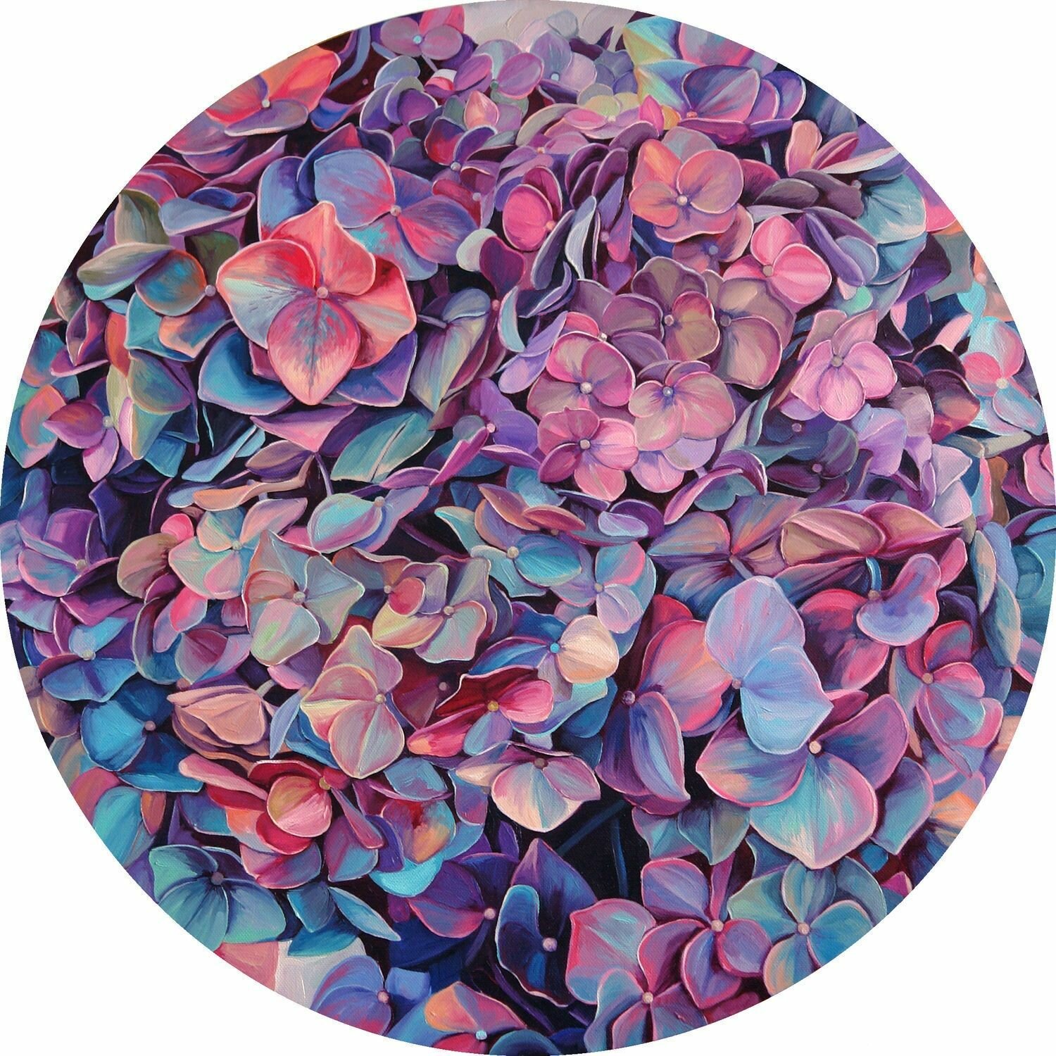 Круглая картина маслом ручной работы "Розовая гортензия", холст диаметра 60 см - фотография № 2
