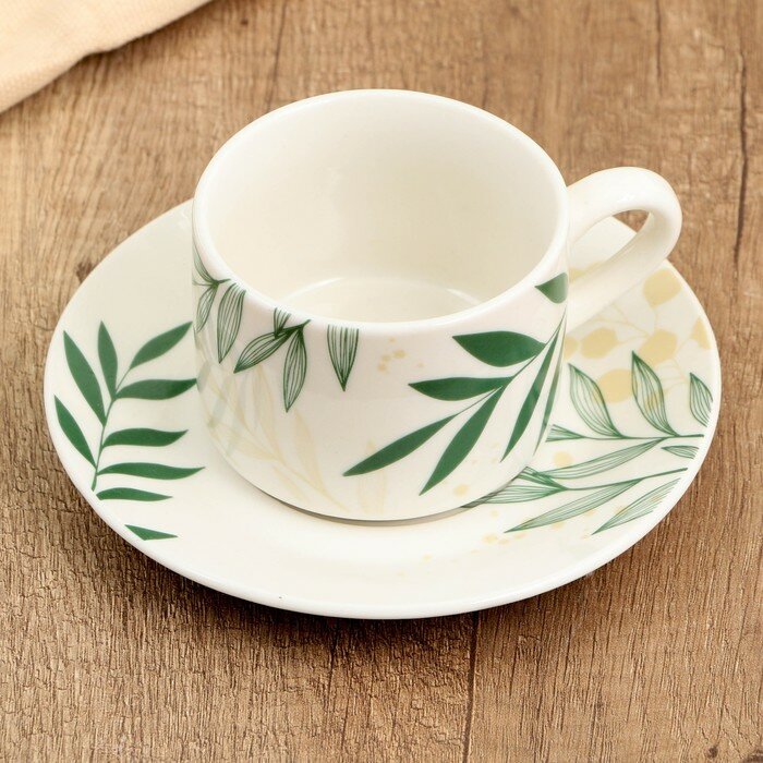 фото Чайная пара керамическая «Листья», 200 мл, цвет белый