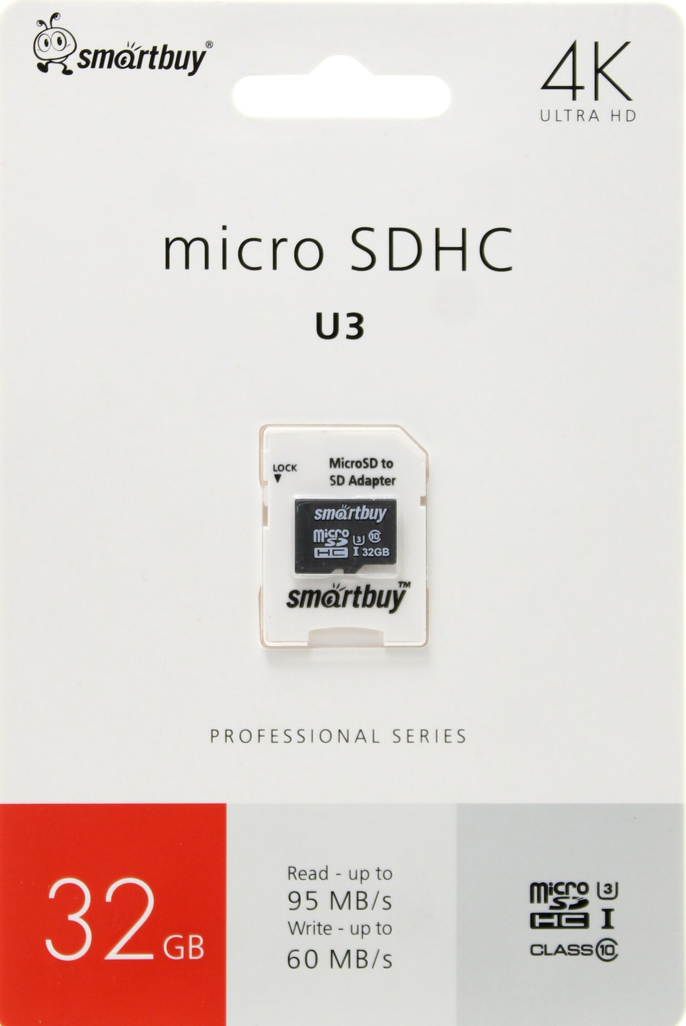 MicroSD 32GB class 10 (с адаптером) Smartbuy PRO U3 R/W:95/60 MB/s