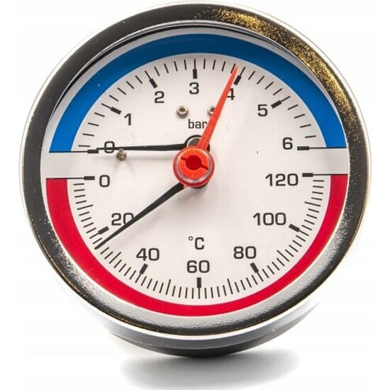 Термоманометр Mvi аксиальный, диаметр корпуса D80, присоединительная резьба 1/2" Н, диапазон измерений 6 bar (0,6 МПа), от 0°C до 120°C