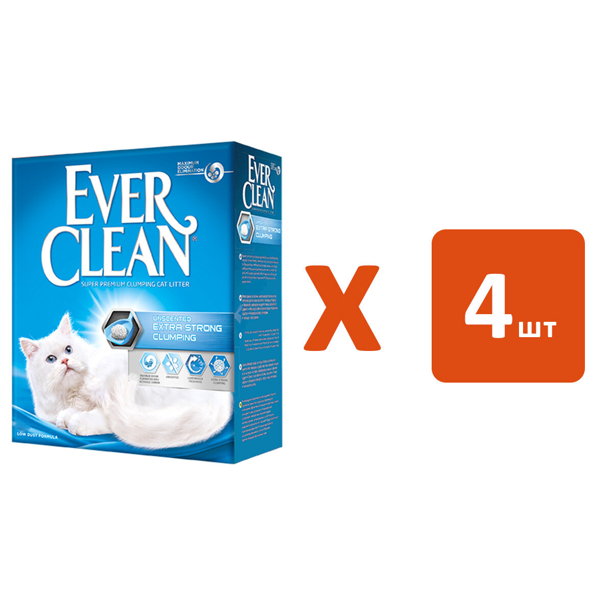 EVER CLEAN EXTRA STRONG CLUMPIN UNSCENTED наполнитель комкующийся для туалета кошек без ароматизатора голубая полоска (10 л х 4 шт)