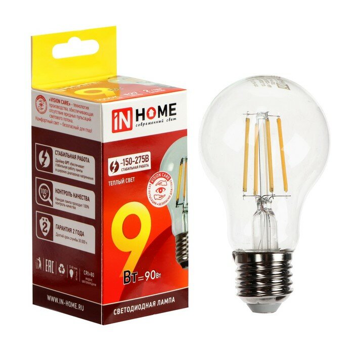 Лампа светодиодная IN HOME LED-A60-deco, 9 Вт, 230 В, Е27, 3000 К, 1040 Лм, прозрачная - фотография № 1