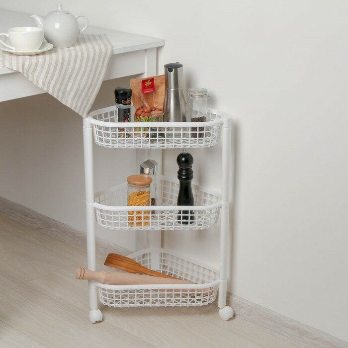 фото Этажерка напольная угловая 3-х секционная «Евро», на колёсиках, цвет белый