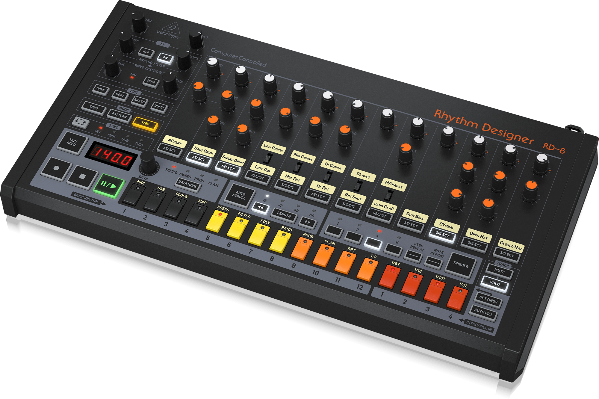 Behringer RD-8 MKII аналоговая драм-машина, 16 оригинальных ударных, 64-шаговый степ-секвенсор, Wave Designer