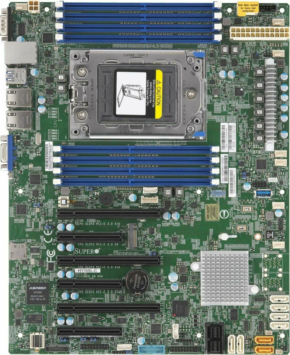 Материнская плата Supermicro H11SSL-C-B MBD-H11SSL-C-B/1xSP3/8xDDR4-3200 RDIMM Поддержка ECC Поддержка Reg ECC 8x SAS 3.0,8x SATA 3.0 RAID 0,1,10