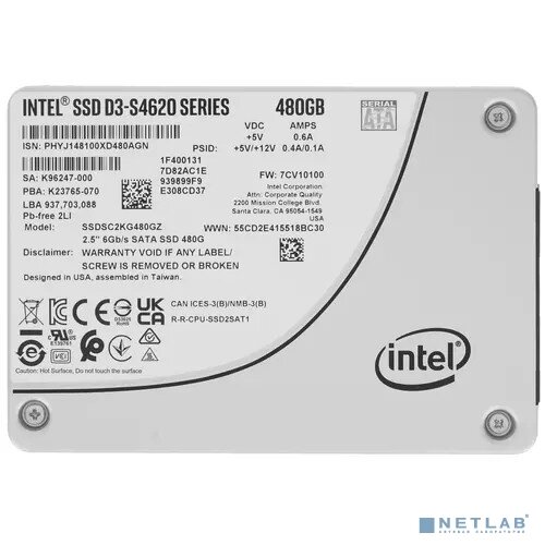 Intel накопитель Intel SSD 480Gb S4620 серия SSDSC2KG480GZ01 SATA3.0, 3D2, TLC, 2.5"