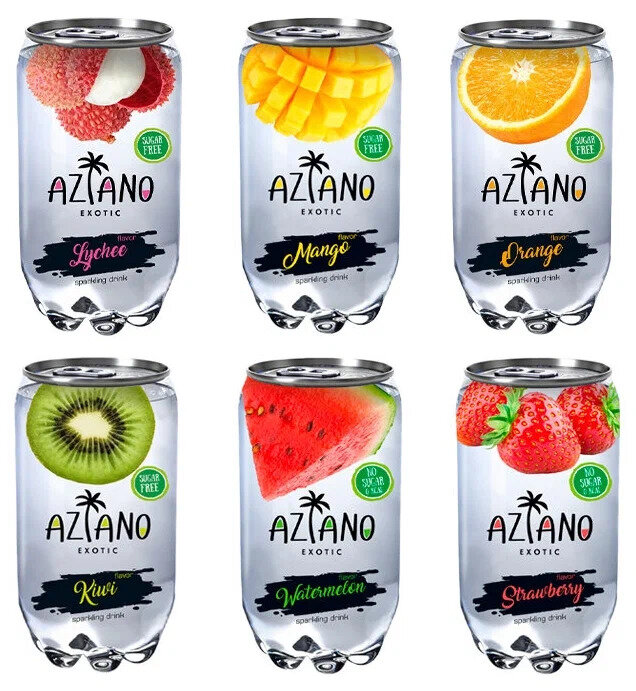 Газированный напиток Aziano, 0.35 л (микс 5- штук: Личи, Клубника, Киви, Арбуз, Лимон)