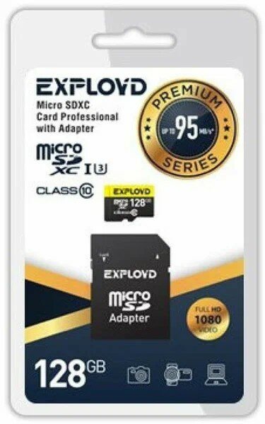 Micro SDHC карта памяти Exployd 128GB Class10 U3 V30 95MB/s с адаптером