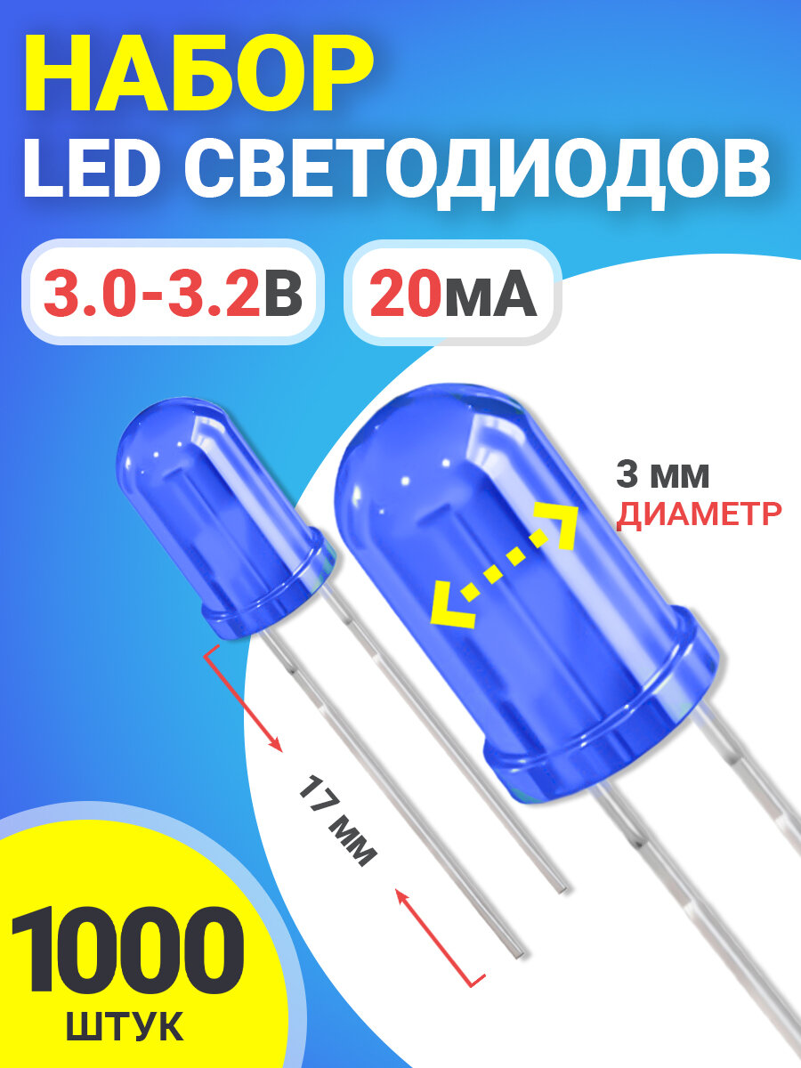 фото Набор светодиодов LED F3 GSMIN SL4 (3.0-3.2В, 20мА, 3мм, ножки 17мм) 1000 штук (Синий)