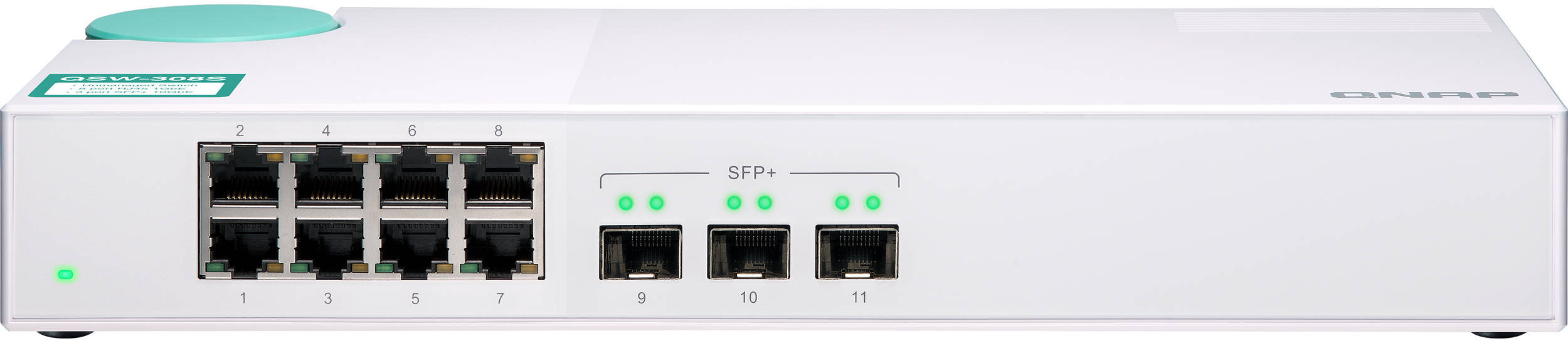 QNAP Коммутатор QNAP QSW-308S Unmanaged 10 Gb / s switch with 3 SFP + ports and 8 1 Gb / s RJ-45 ports, throughput up to 76 Gb / s, JumboFrame support