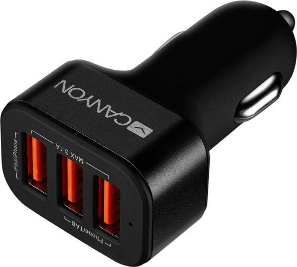 Автомобильное зарядное устройство CANYON Universal 3xUSB car adapter, Input 12V-24V, Output 5V-3.1A, black rubber coating+black metal ring (side with