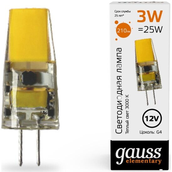 Лампа cветодиодная Gauss G4 3W 3000K прозрачная / - фото №1