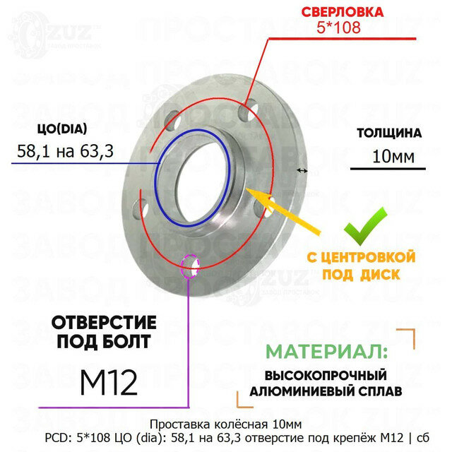 Проставка колёсная 10мм 5*108 ЦО 581 на 633 отверстие под крепёж М12 ступичная с бортиком для дисков на ступицу 5x108 5х108
