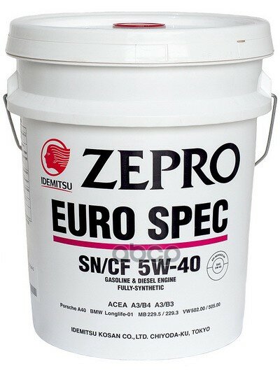 IDEMITSU Масло Моторное Синтетическое 20Л - Zepro Euro Spec 5W40 (Sn/Cf, A3/B4, 229.5, 502.00/505.00, Longlife-01, A40)