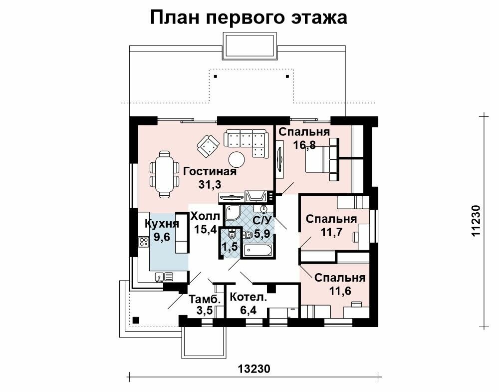 (114м2, 15х15м) Готовый проект одноэтажного дома из газобетона с чердаком и террасой - AS-2587 - фотография № 3