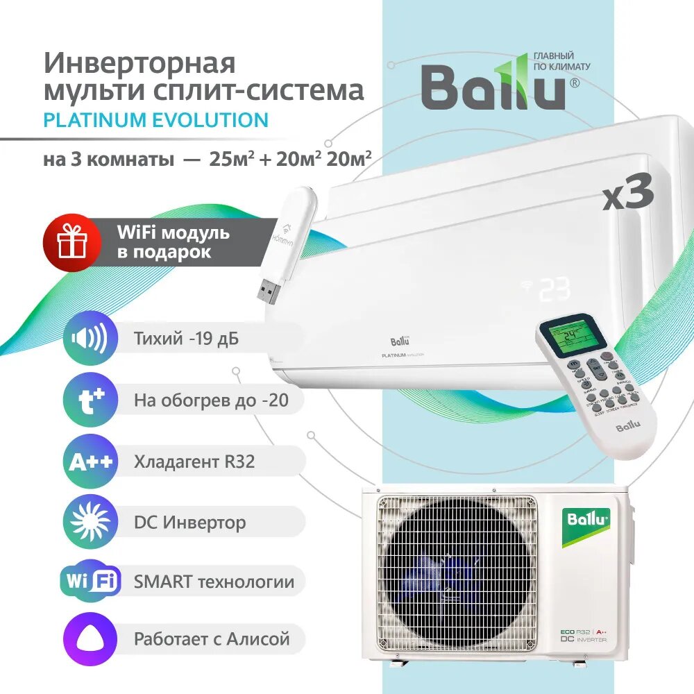 Инверторная Мульти сплит-система BALLU на 3 комнаты (25+20+20)м2 BA2OI-FM/21HN8+09HN8+07HN8*2, белый