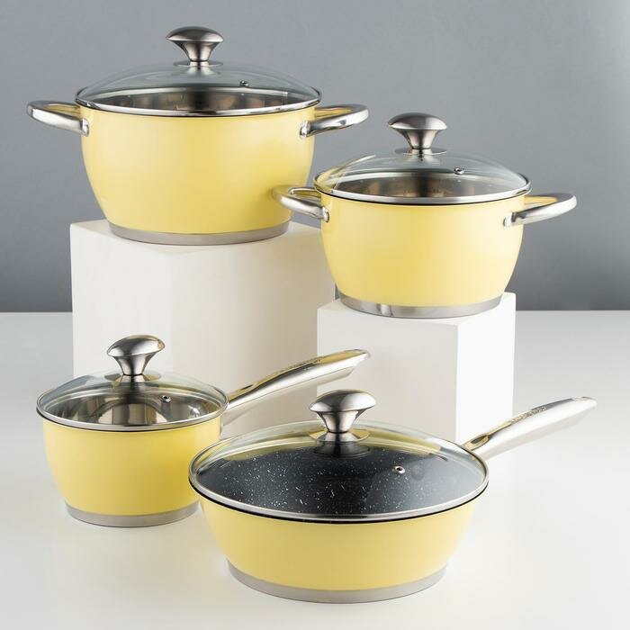 Набор посуды из нержавеющей стали «Фрэш», 4 предмета: кастрюли 3,2/5,1 л, ковш 1,6 л, сковорода d=24 см, крышки, цвет жёлтый