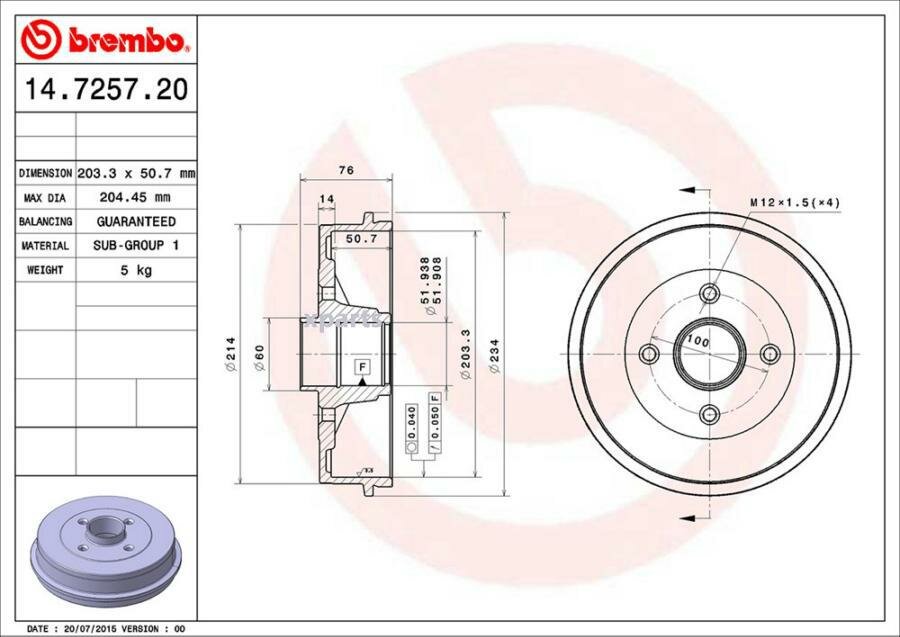 BREMBO 14.7257.20 Барабан торм. зад.[203,3x50,5] 4 отв.