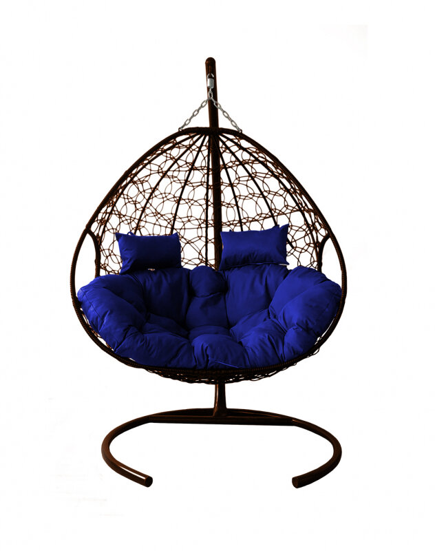 Подвесное кресло кокон двухместное M-GROUP для двоих с ротангом коричневое+синяя подушка