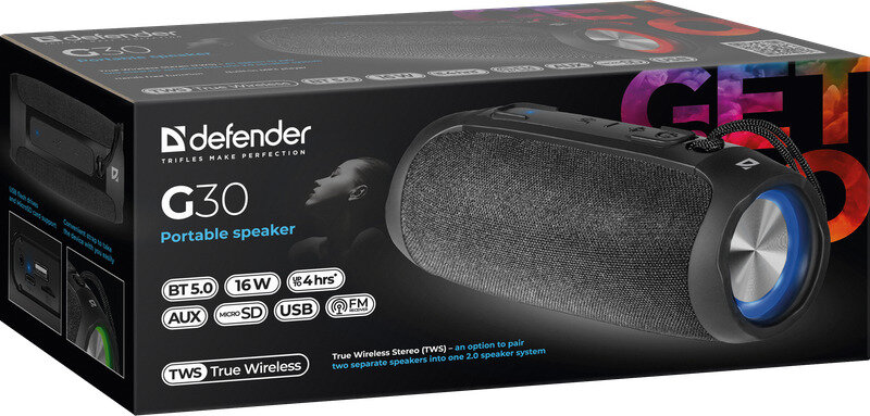 Портативная колонка Defender G30 ,16 Вт,BT/FM/USB/TF/AUX/Light,черный