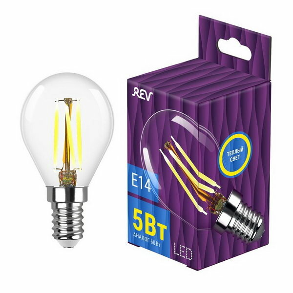 Лампа filament, шар, G45, теплый свет, 5Вт, E14, 2700K, 515Лм, 32357 0, REV