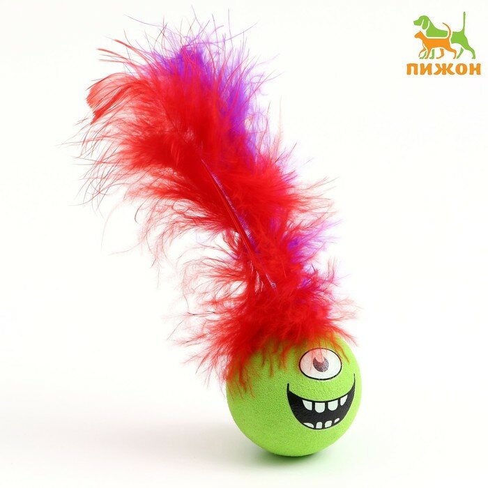 Игрушка для кошек Пижон шарик с перьями "Эмоции", 5 см, зеленый - фотография № 1