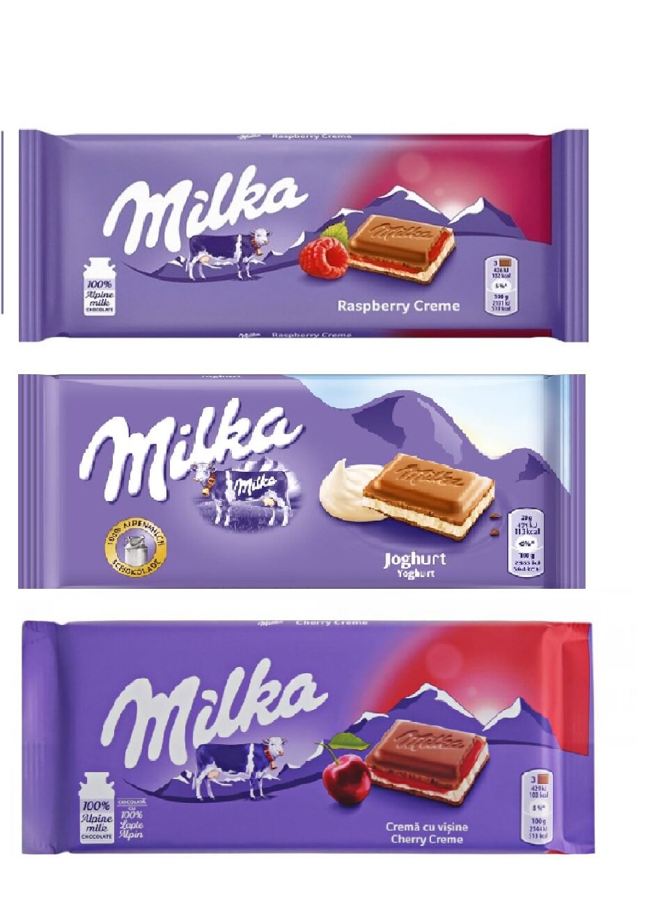 Шоколад Milka ассорти: малина + вишня + йогурт, 3 плитки по 100 г. - фотография № 1