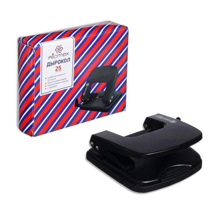 фото Дырокол металлический 25 листов, Attomex, форматная линейка, чёрный