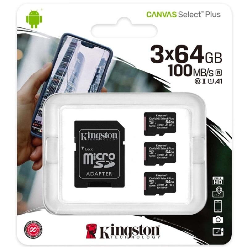 Карта памяти Kingston Canvas Select Plus SDCS2/64GB-3P1A (3 штуки в упаковке)