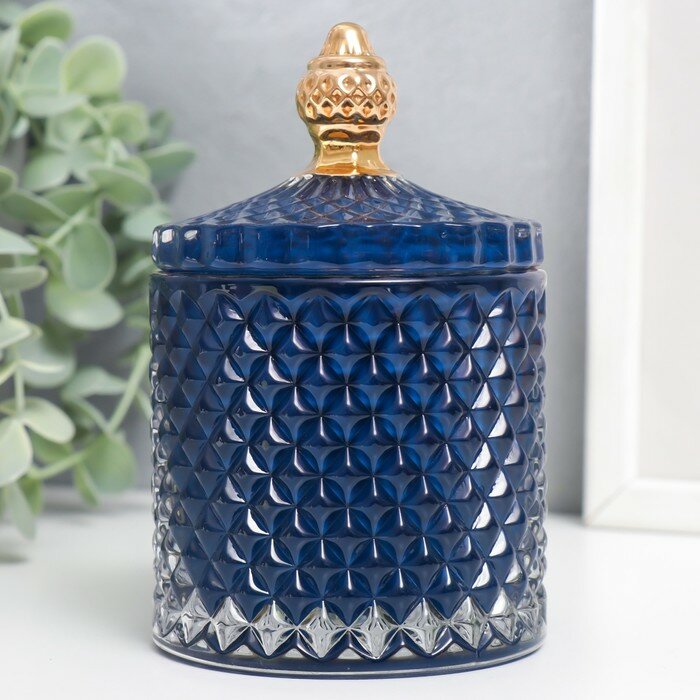 фото Шкатулка стекло "Ромбы и купол" тёмно-синий с золотом 14х8,2х8,2 см