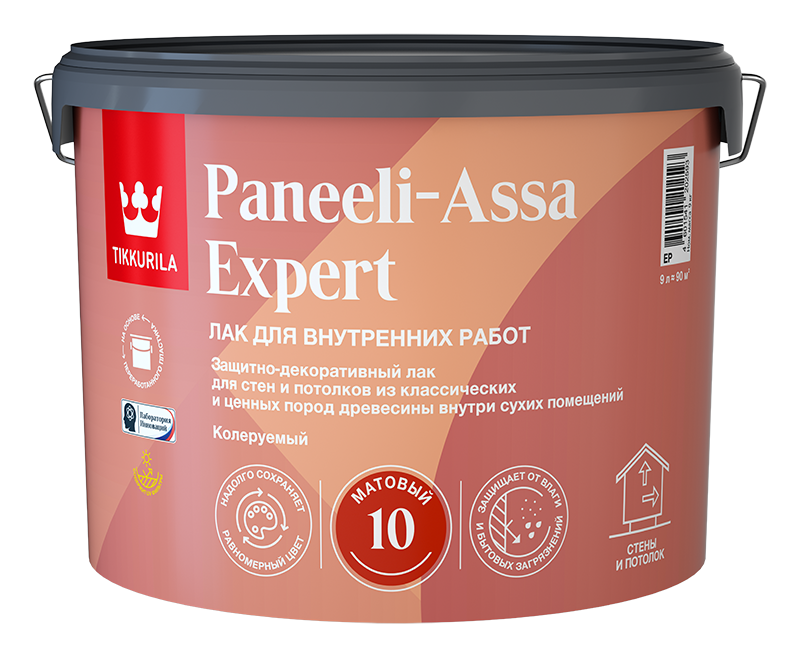 Лак защитно-декоративный интерьерный для древесины Tikkurila Paneeli-Assa Expert (9л) матовый 10 - фотография № 1