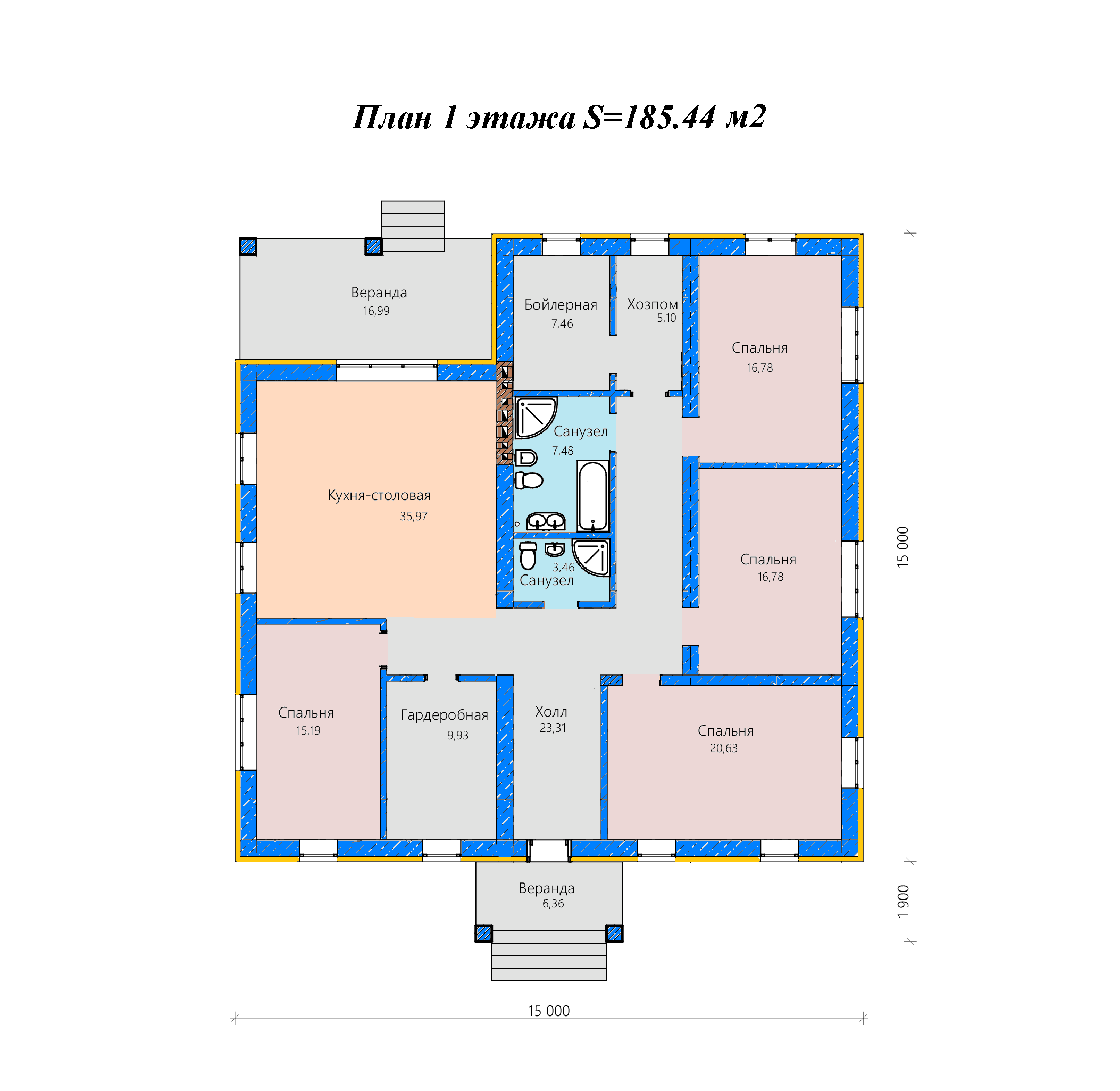 Проект готового дома SD-proekt 11-0059 (185,44 м2, 15,0*15,0 м. газоблок 400 мм, утеплитель 100 мм, декоративная штукатурка) - фотография № 5