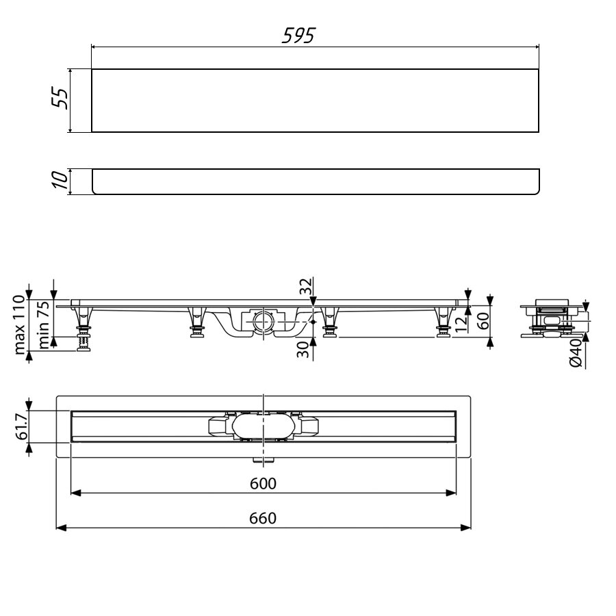 К-т водоотводящий желоб SP10-600 из пластика, с порогами из нерж. стали + Декор. вставка PG10-600 (60см) - фотография № 7