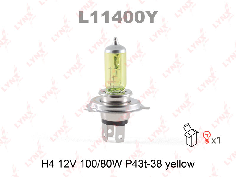 Лампа галогенная H4, 12V, 100/80W, yellow, LYNXauto