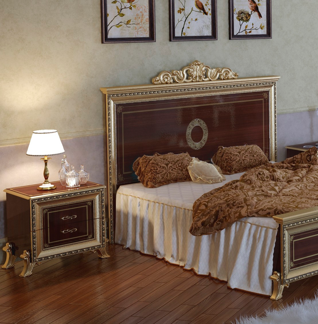 Спальный гарнитур Мэри Версаль орех (кровать 160х200, шкаф 4дв, тумбочки 2шт, кроватное основание, комод, зеркало) - фотография № 4