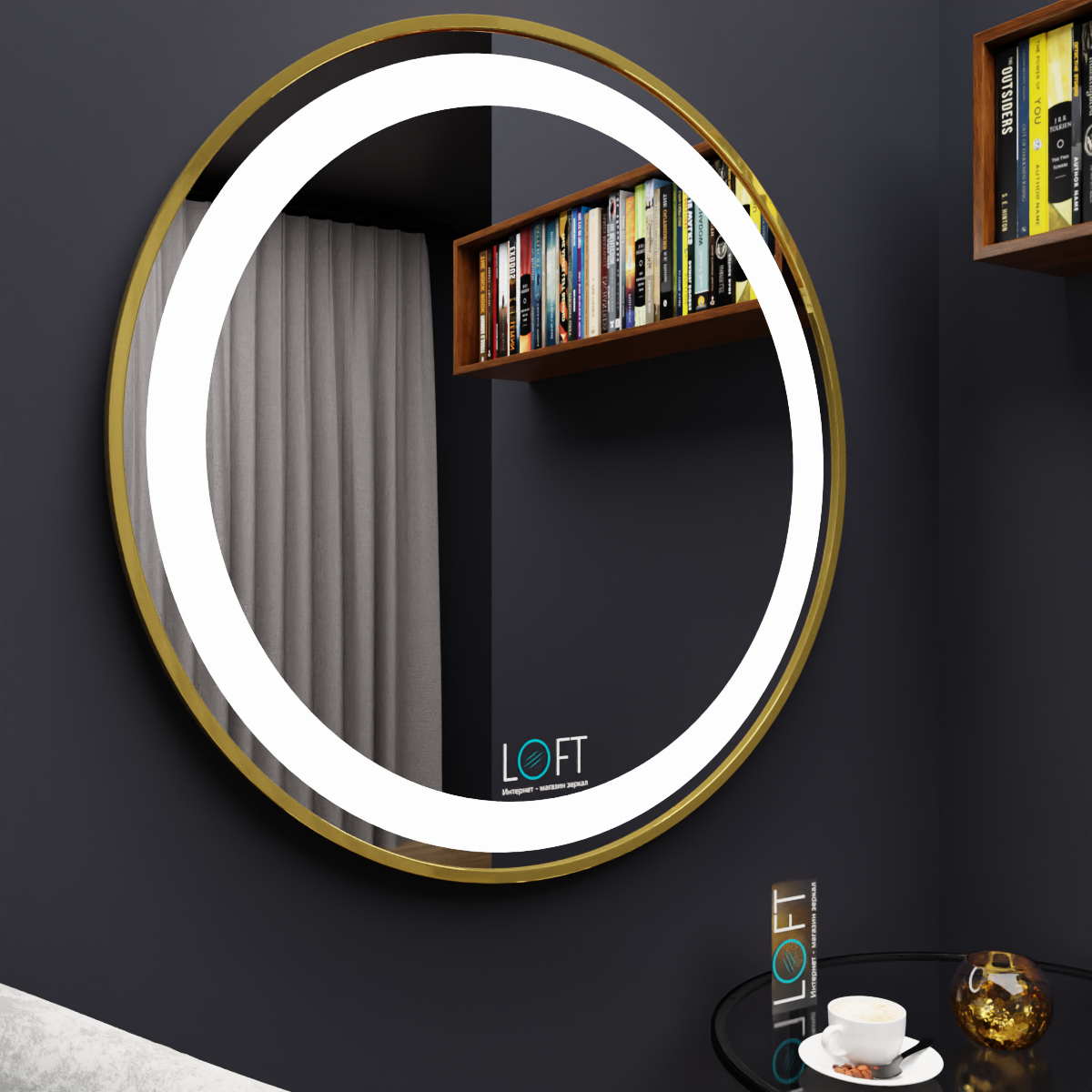 Настенное круглое зеркало с LED-подсветкой, лицевая подсветка, 70 х 70, золотая рама, алюминий под латунь, для дома, ванной, в прихожую - фотография № 3