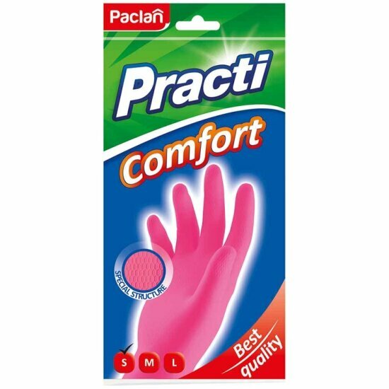 Перчатки резиновые Paclan "Practi. Comfort", S, розовые, пакет с европодвесом