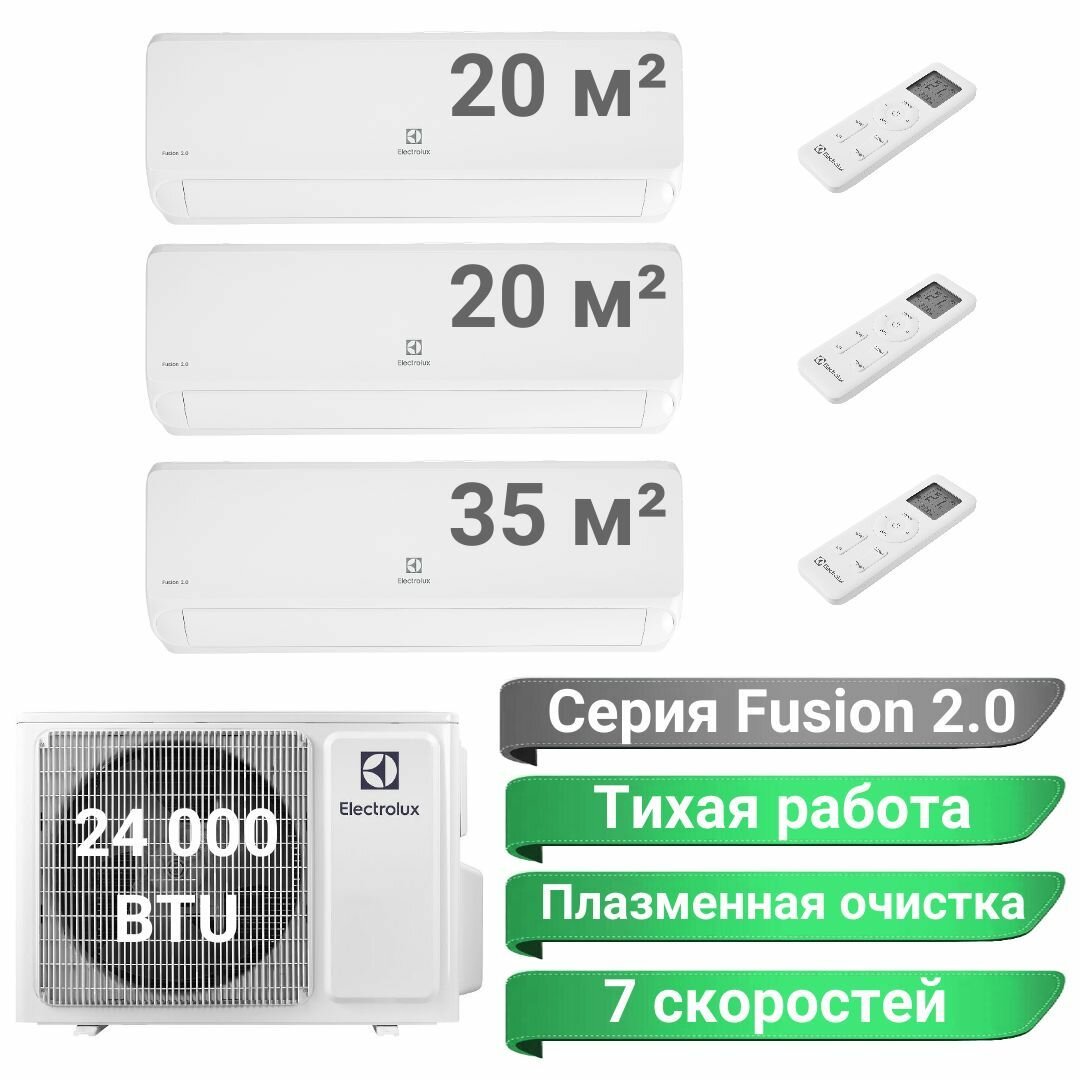 Инверторная мульти сплит-система ELECTROLUX FUSION 2.0 на 3 комнаты (20м2 + 20м2 + 35м2), 24 000 BTU, комплект, белый - фотография № 1