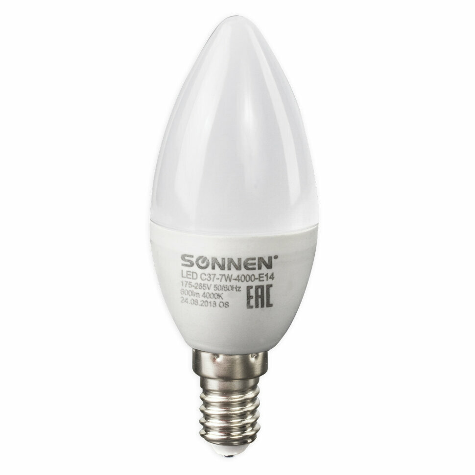Лампа светодиодная SONNEN, 7 (60) Вт, цоколь Е14, свеча, нейтральный белый свет, 30000 ч, LED C37-7W-4000-E14, 453712, 453712 - фотография № 3